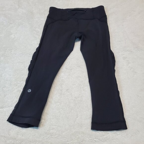 Lululemon Black Ruched Mesh Active Gym Yoga Zipper 18" Capri‎ Cropped Legging 4 - Picture 5 of 6